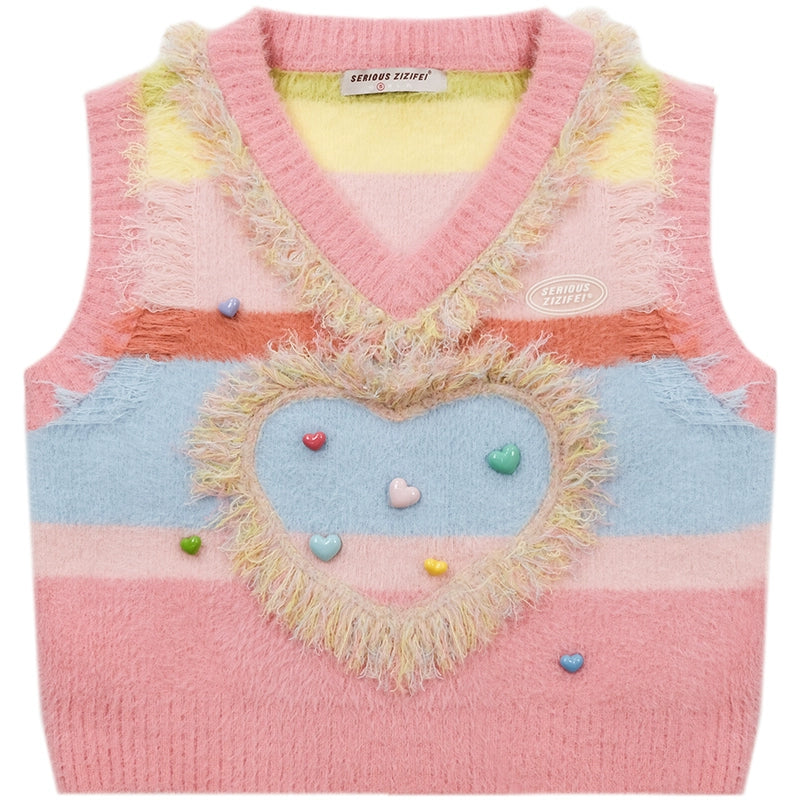 Gilet pull Pink Love | Design rétro doux et doux à col en V pour l’automne/hiver