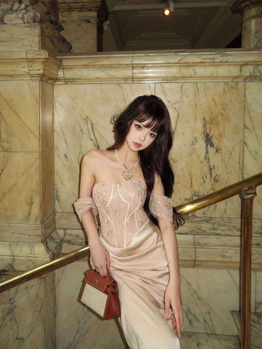 Herringbone Bandeau Dresses – High-End Light Luxury Engagement & Birthday Wear