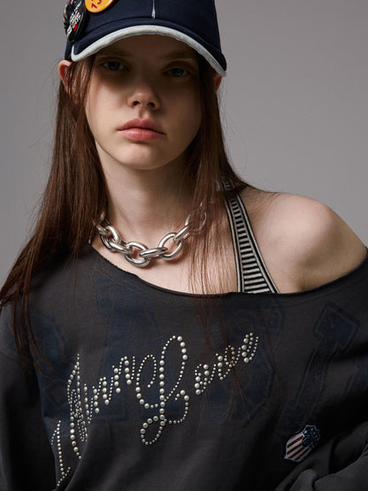 Rhinestone Letter Asymmetric Sweatshirt