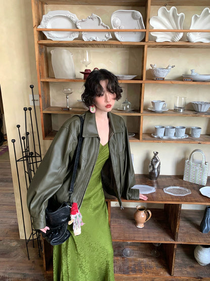 Wine afternoon elegant retro 2026 spring lapel dropped shoulder sleeve PU leather jacket loose short windproof design jacket for women