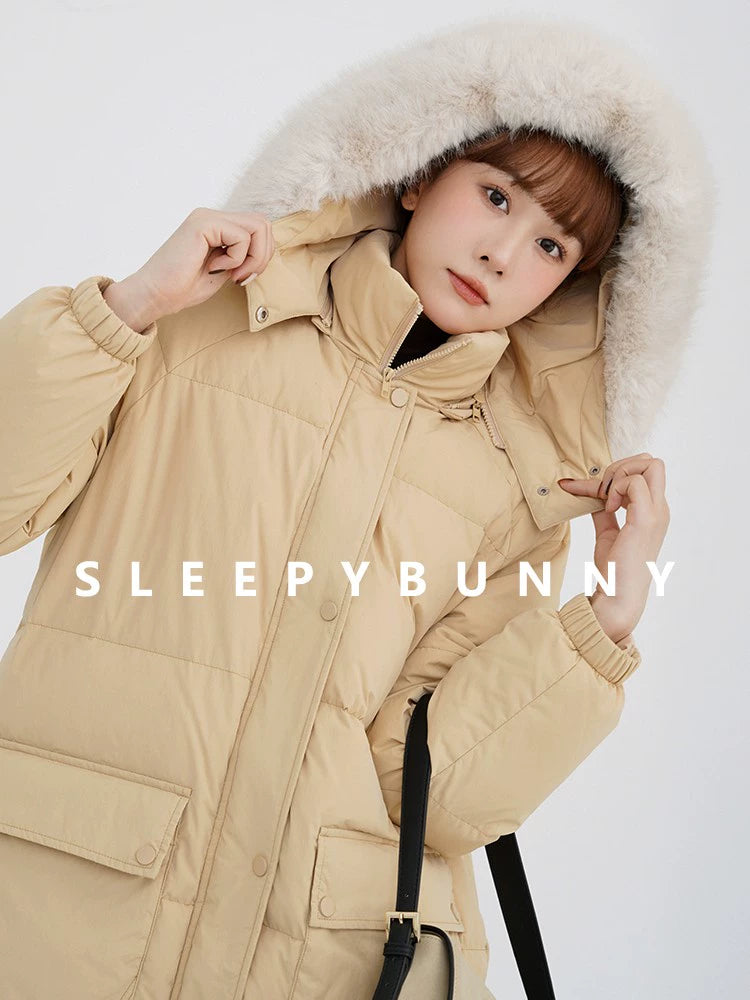 Mid length hooded fur collar jacket