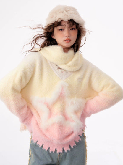 Autumn/Winter Essential | Gradient Star Pattern Mohair V-Neck Sweater