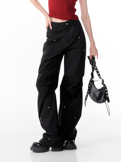 Slim Fit Pearl Wide-Leg Pants | Retro High Waist Black Casual Style