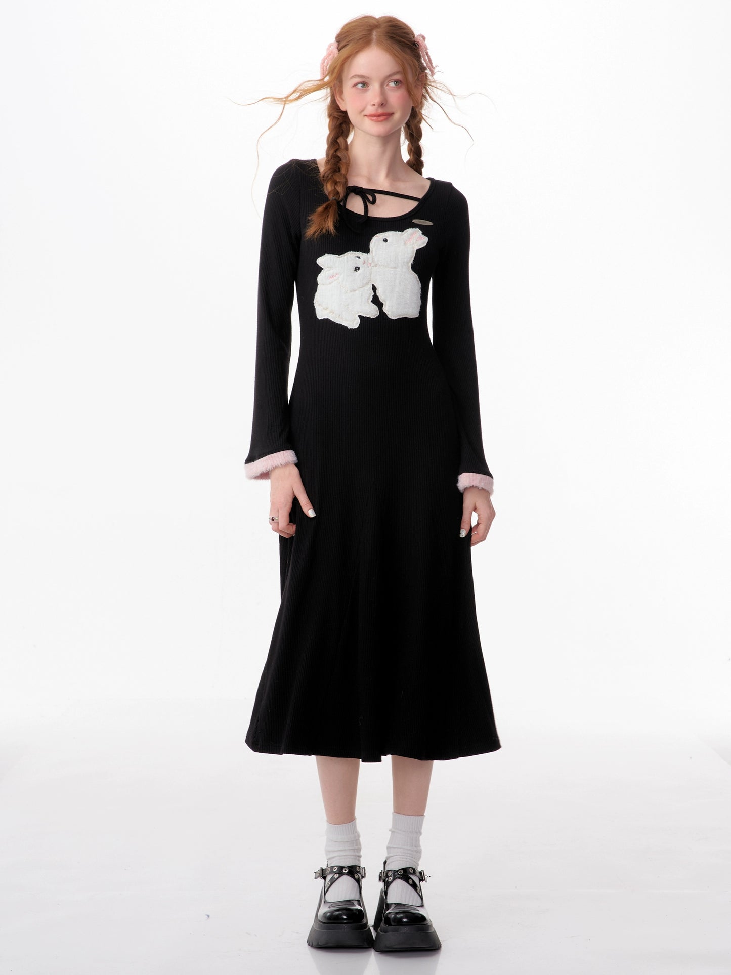 Plush Rabbit Knit Dress | Slim Fit Retro Long Sleeve for Autumn/Winter