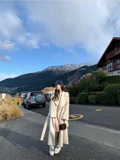 White Wool Coat – Hepburn-Style Mid-Length Large Lapel Jacket