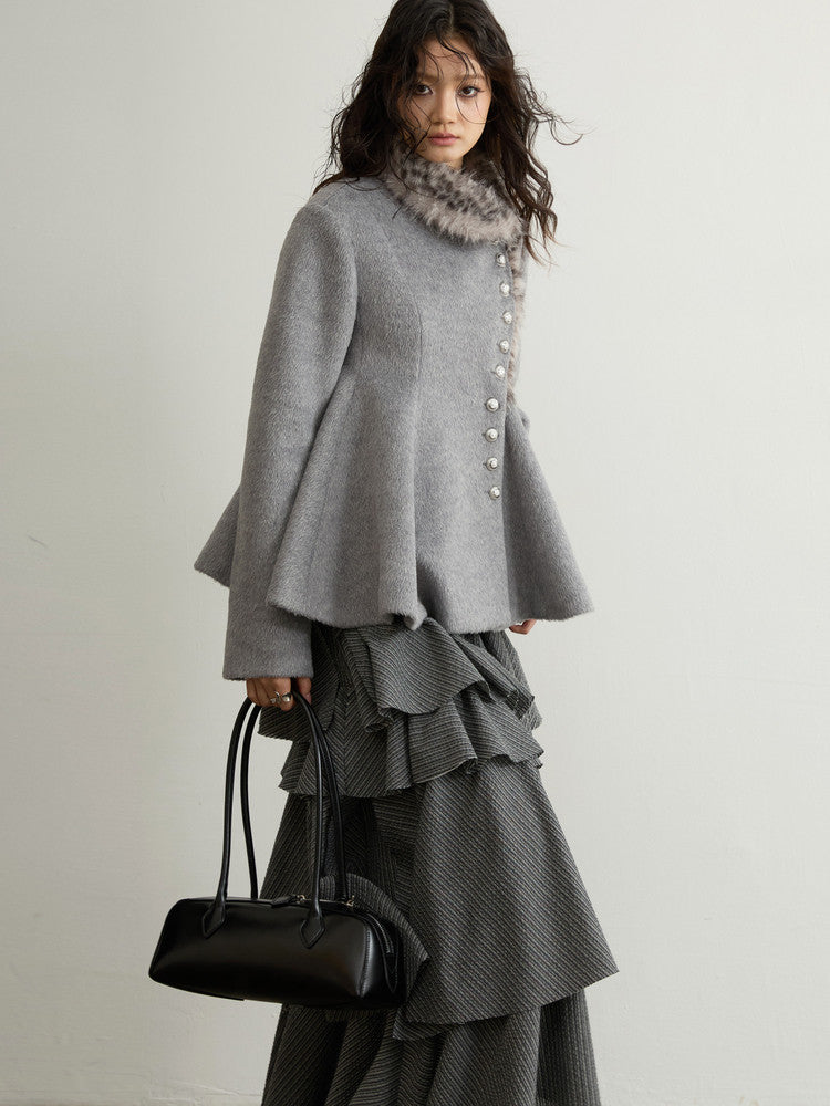 Gray Striped Ruffle Midi Skirt | Retro Frayed Slit Skirt