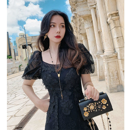 Black Datura Luxury Chiffon Lace Dress