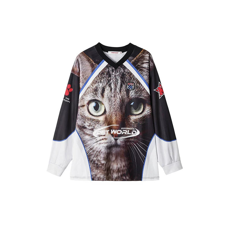 Big Cat Face Print Satin Long Sleeve – American Street V-Neck Sports Tee