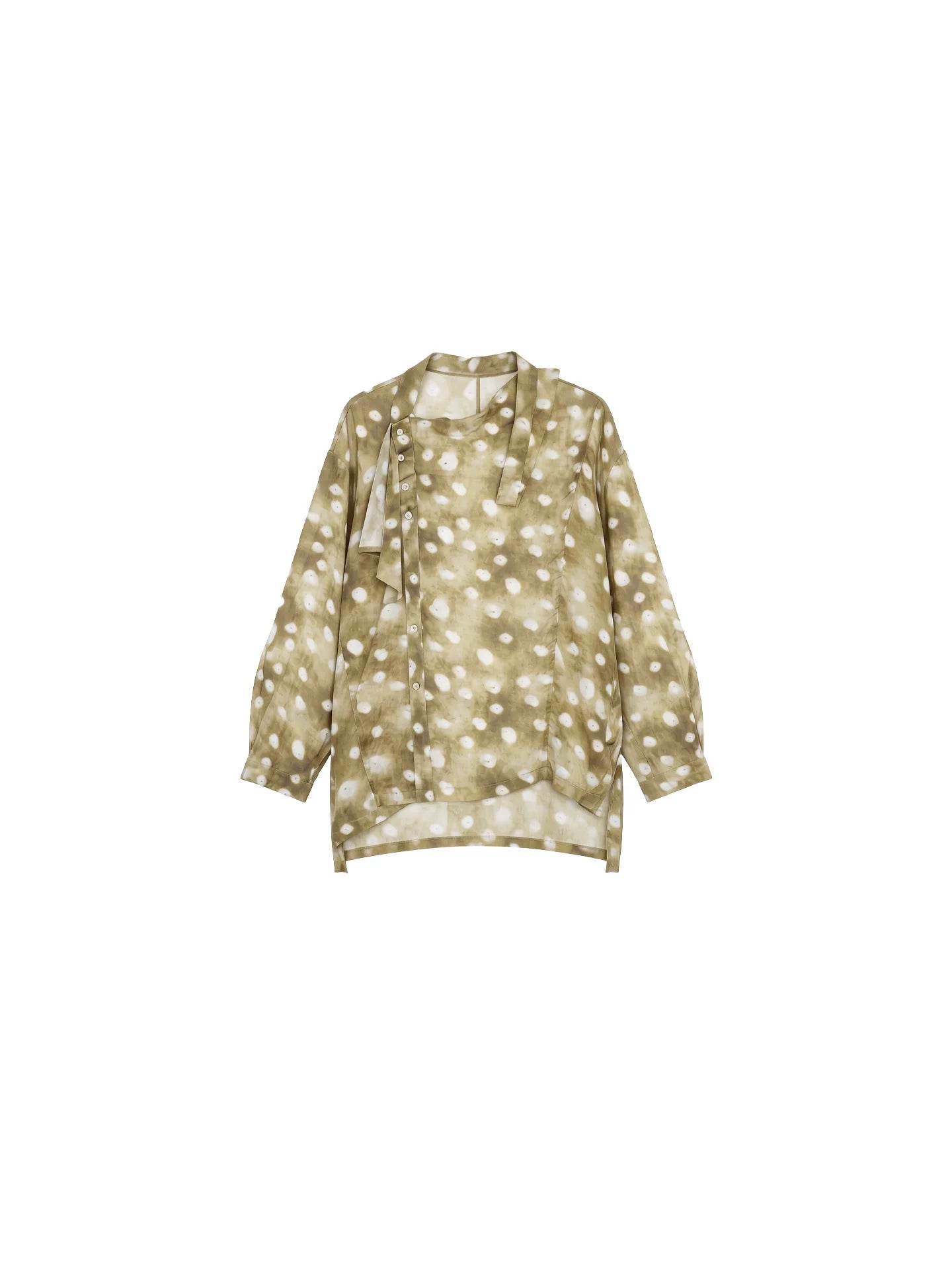 Wine noon 2026 spring olive green vintage polka dot cupro chiffon lace-up lantern sleeve artistic top girl
