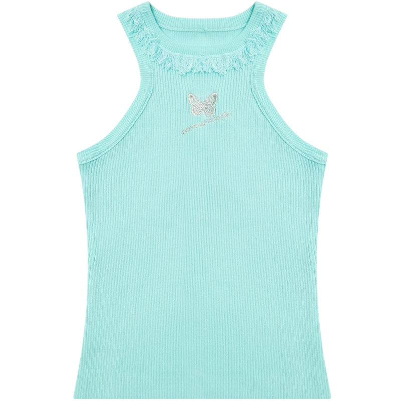 Butterfly Embroidered Backless Tank Top | Retro Sleeveless Knitted Design for Summer