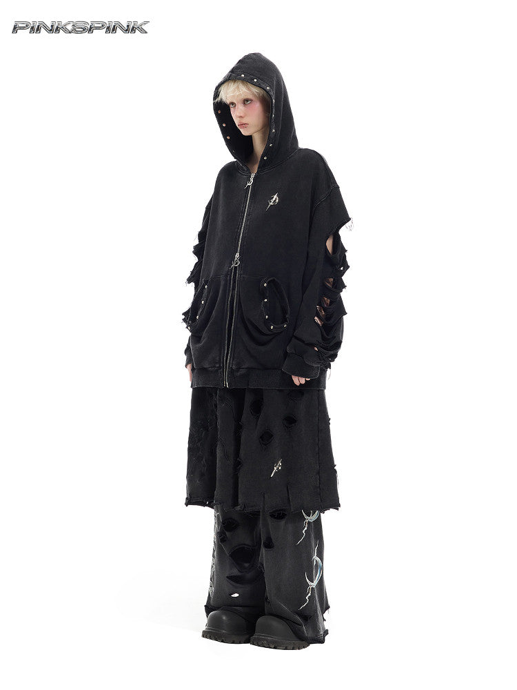 Electric Moon Embroidered Ripped Layered 7/8 Shorts – Punk Y2K