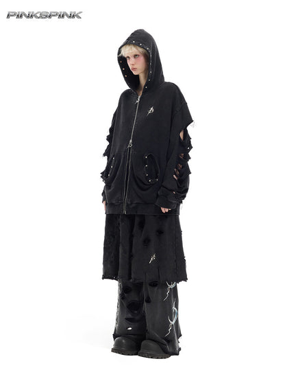 Electric Moon Embroidered Ripped Layered 7/8 Shorts – Punk Y2K