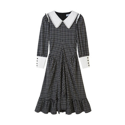 Retro Plaid -Horge Revers Long Robe