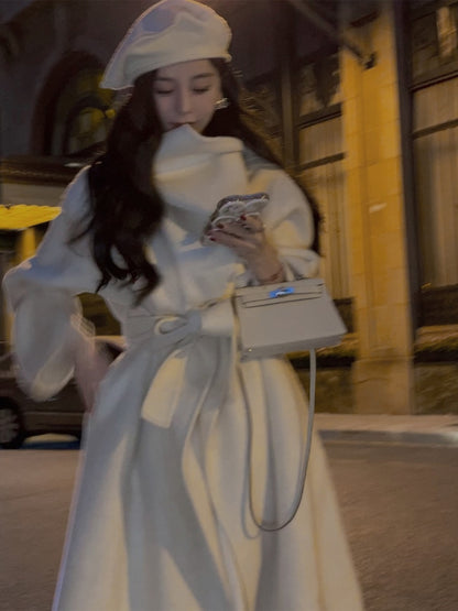 White Reversible Cashmere Coat – Hepburn-Style Large Lapel Woolen Coat