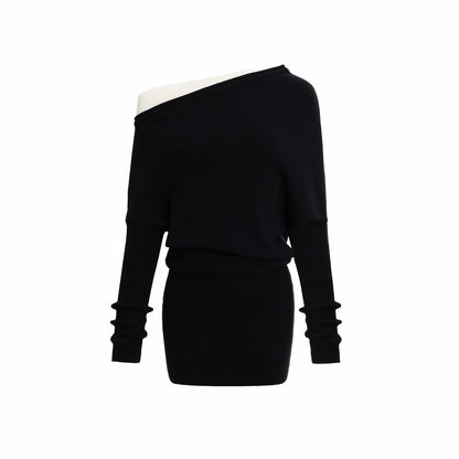 Asymmetric Contrast Knit Dress