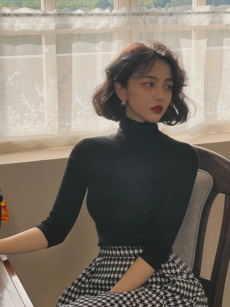 Turtleneck Fitted Knit Top – Classic Long Sleeve Base Layer