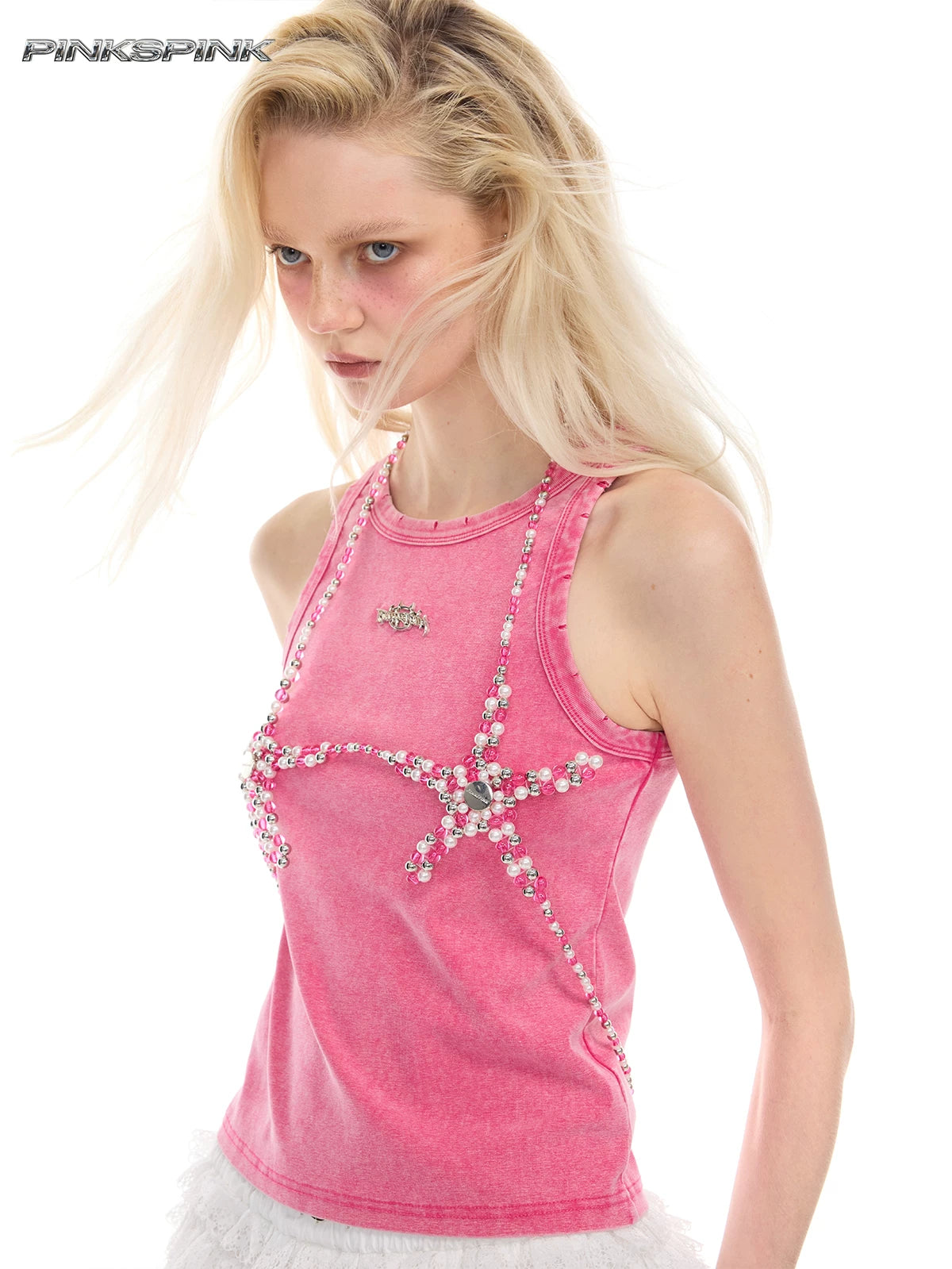 Pentagram concept Barbie pink electroplated bead pendant rock sexy hot girl Y2K strapless top