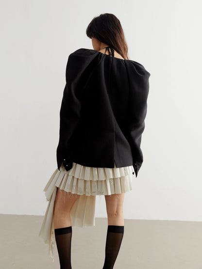 Deep U-Neck Bubble Pleated Sleeve Jacket