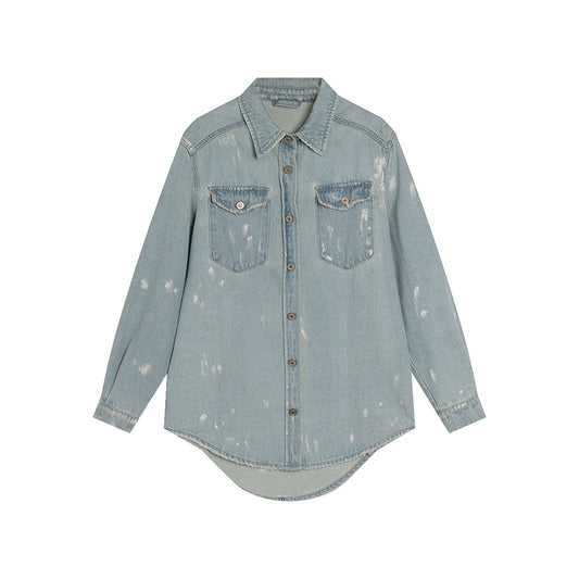 [Hong Kong Accent] Loose Ink-Distressed Denim Jacket - Women's Autumn Outerwear