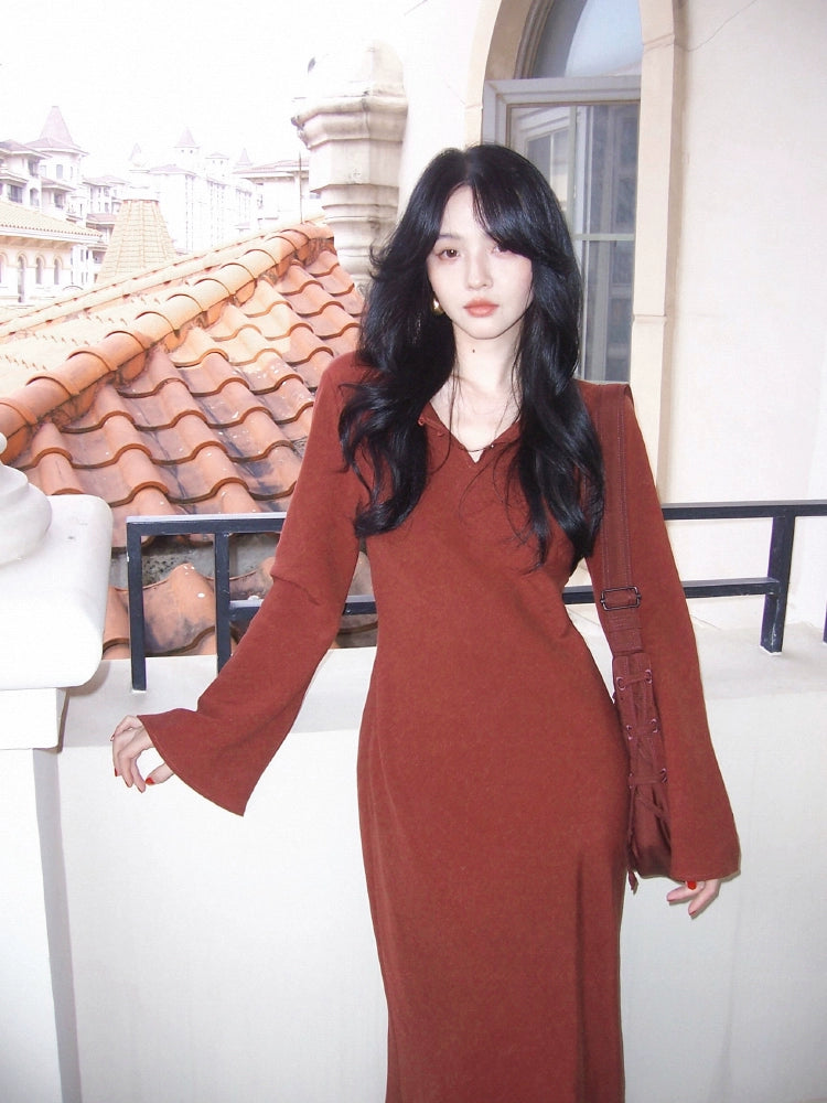 Retro Lazy Collar Bell Sleeve Long Dress