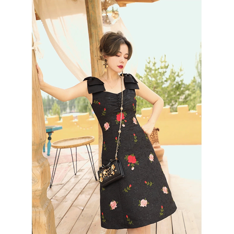 Summer Black Slim Strap Mid-Length Dress