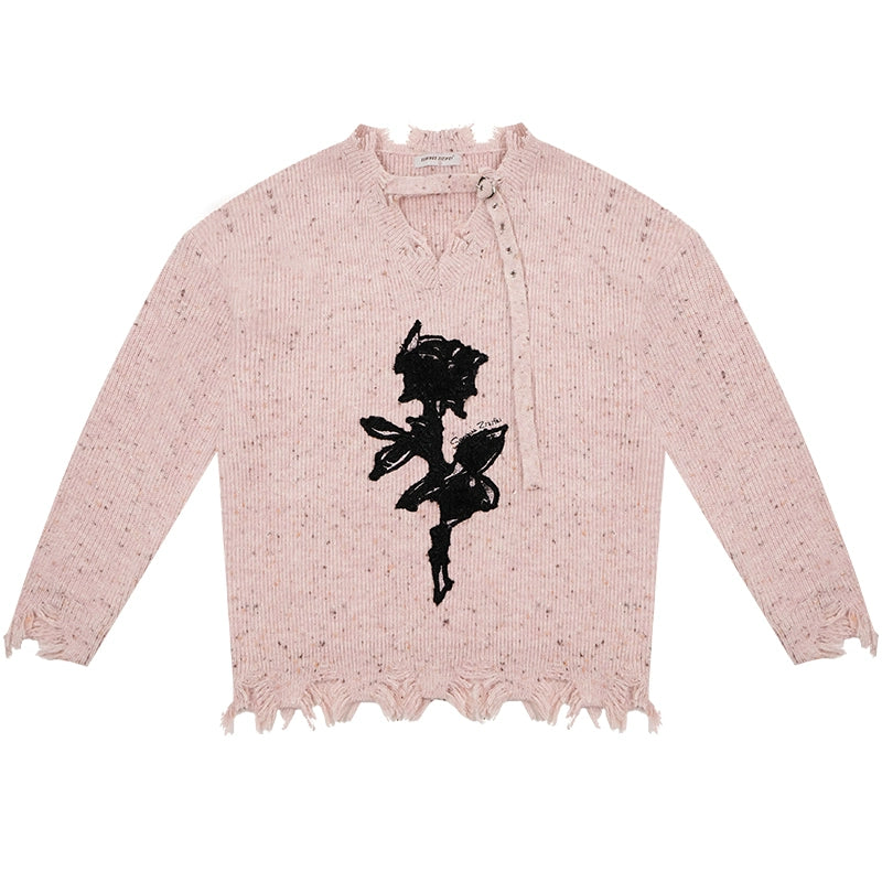 Soft Wax Rose Embroidery Sweater | Lazy Style V-neck Retro Design for Autumn/Winter