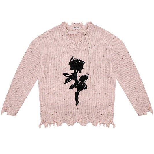 Soft Wax Rose Embroidery Sweater | Lazy Style V-neck Retro Design for Autumn/Winter