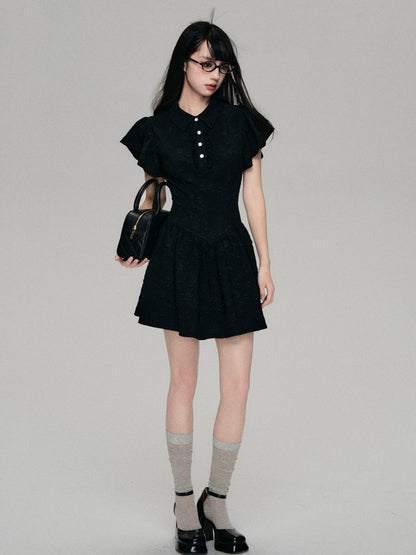 College Style Polo Neck A-Line Dress with Fly Sleeves