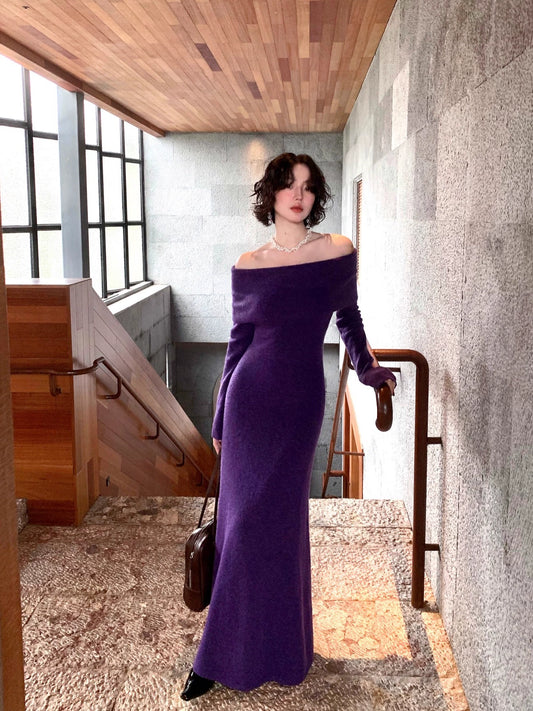 Purple Wind Chime One-Shoulder Mermaid Dress – Retro Autumn/Winter 2025