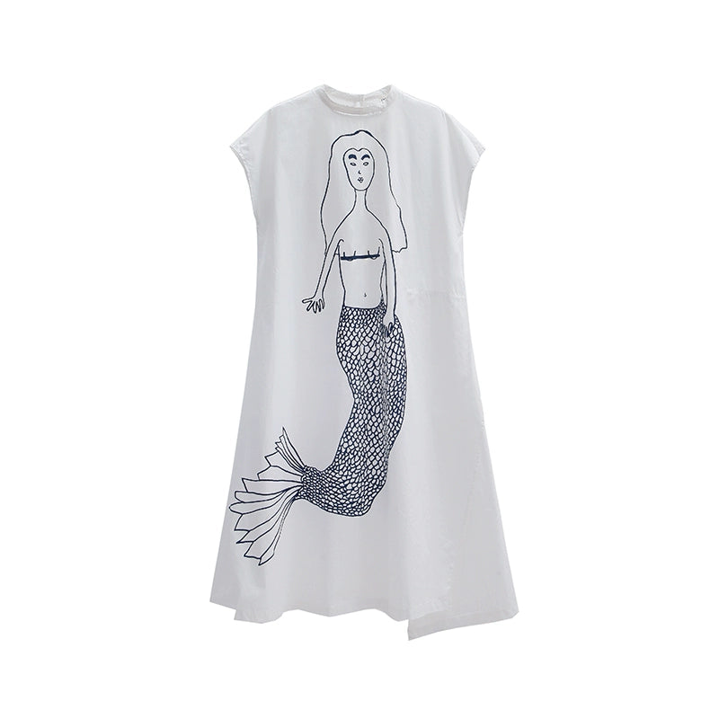 Original design with ears and ears, pink memories, simple pen mermaid print, sleeveless mid length dress