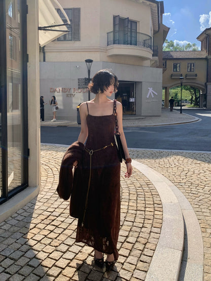 Amber Pine Forest Stretch Velvet Mesh Slip Dress – Hong Kong Retro Autumn