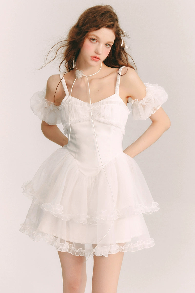 Ethereal Bubble Sleeve Organza Dress - Monochrome Elegance