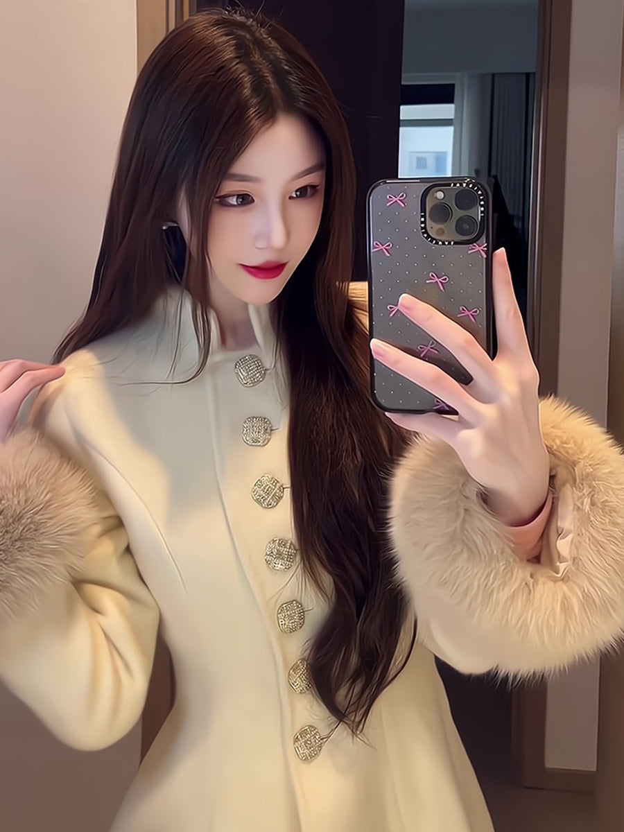 Gold-Tone Cashmere Coat – Fox Fur-Trimmed Elegant Tweed Jacket