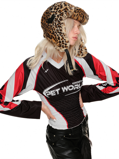 V-Neck Slim Cable Jersey Top – Cropped Long Sleeve Design