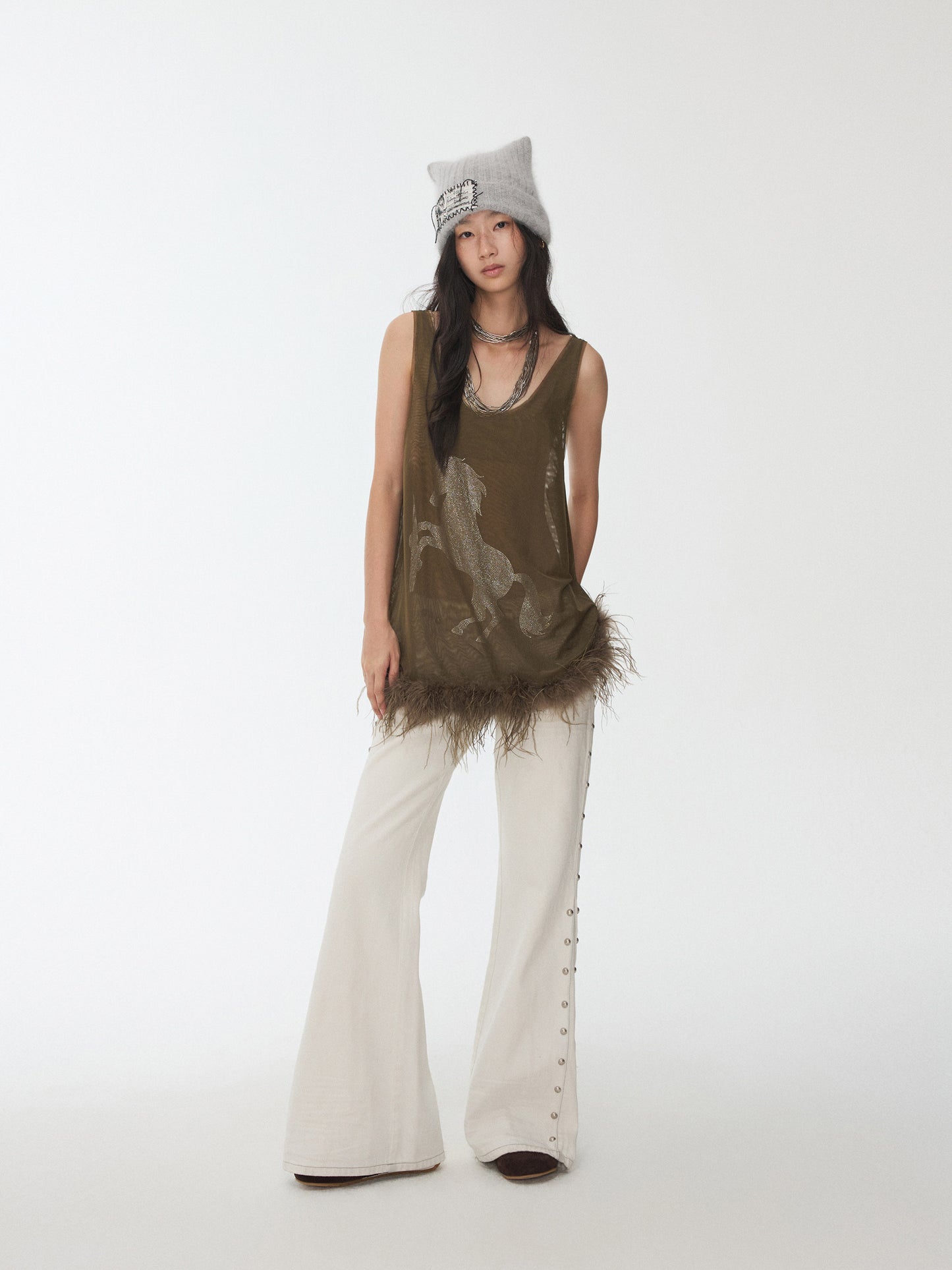 Ostrich Feather Mesh Tank Top