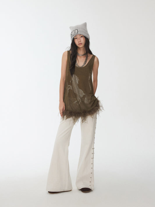 Ostrich Feather Mesh Tank Top