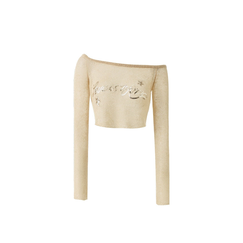 Yoo Ji-min Inspired One-Shoulder Knit Cutout Blouse – Slightly Sheer Crop