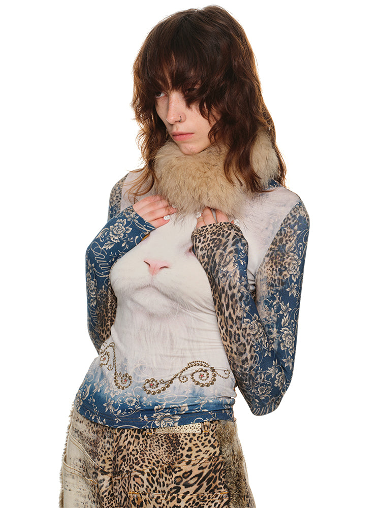 Cat Print Slim Long Sleeve Tee – Fall/Winter Base Layer Top