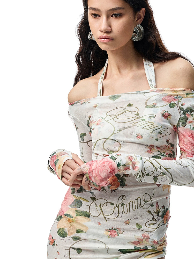 Resort Floral Sheer One-Shoulder Smock – Slim Fit Long Sleeve Midi Top