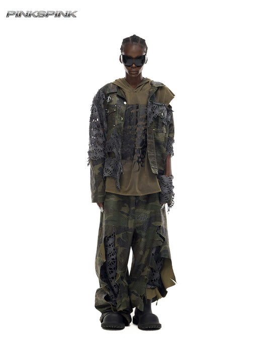 Camouflage Painted Distressed Low-Rise Unisex Y3K Jeans