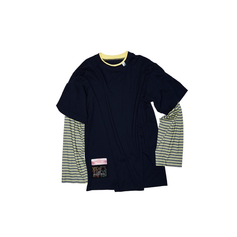 Oversized Striped Fake Two-Piece T-Shirt – Loose Contrast Long Sleeve Top