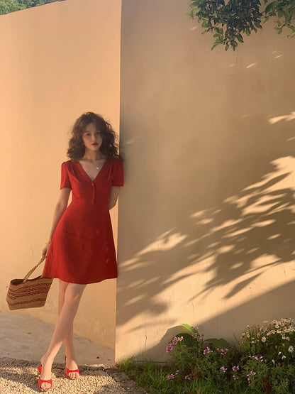 Red V-Neck Dress: Summer's High Waist Chic