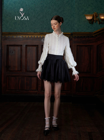 Elegant Black and White Brossed Velvet Lace Court Shirt