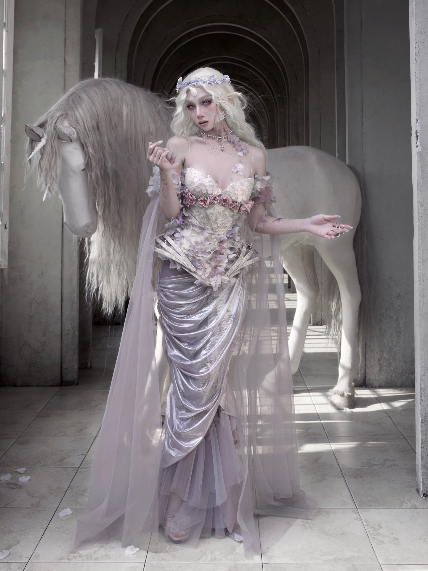Silver Fairy Armor Dress Set | Elfcore Sparkle Fishtail Ensemble