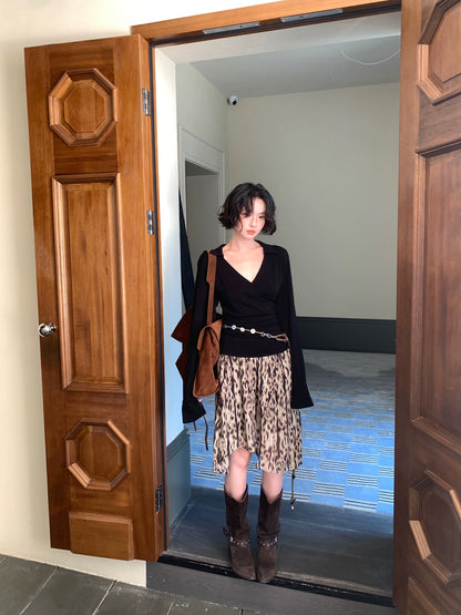 High-Waisted Leopard Print Pleated Midi Skirt – Hong Kong Retro Autumn