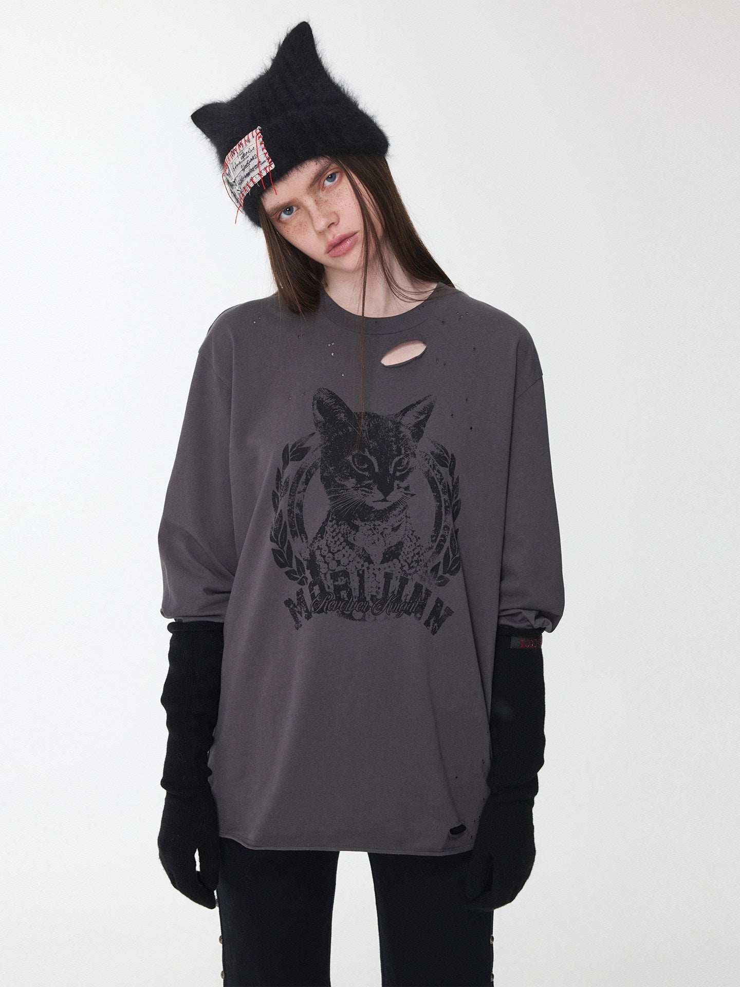 Cat Print Distressed Long Sleeve Tee