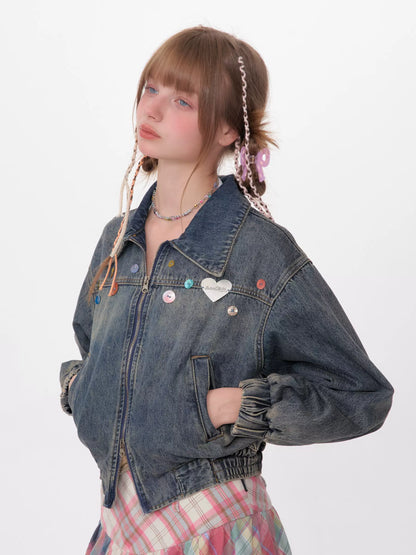 Color Buckle Denim Jacket | Short Zipper Retro American Design for Spring/Summer