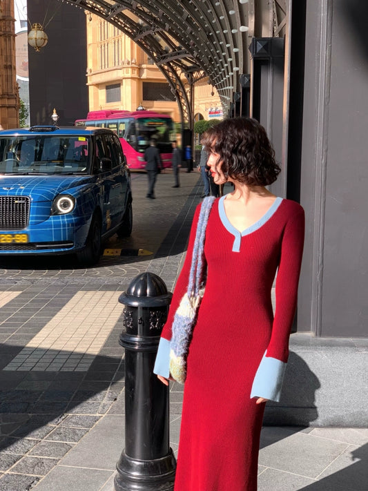 Color-Blocked Bell Sleeve Knitted Dress (Berry Coffee)