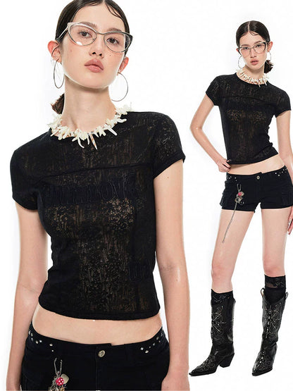 Sheer Lace Vintage Crewneck T-Shirt – Slim Fit Full-Shoulder Hottie Top