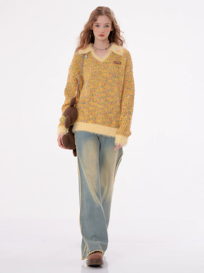 Yellow Grain Polo Sweater | Soft Wax Retro High-End Design for Autumn/Winter